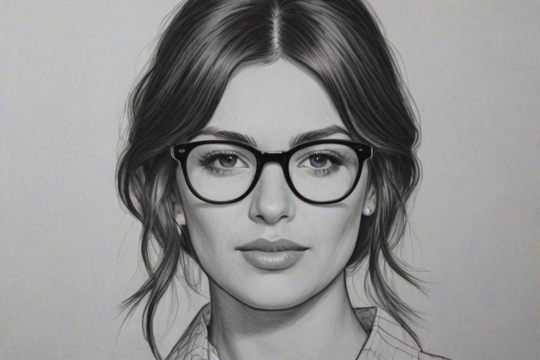 Stunning Amelia Warner, pencil sketch, portrait of Stunning woman 1968s in glasses, hair style beatnik, outline, clear lines, fine lines, 8k