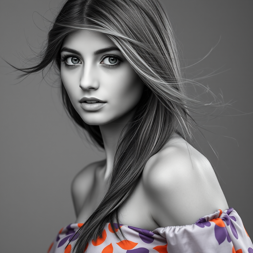 Photographic image of a beautiful young Tajik woman, green eyes, lips with white lipstick, long hair fluttering in the wind and wearing a silk strapless dress with a soft purple and orange print. monochrome image with only color highlights in the iris of the eyes, lipstick and dress. Gray background.