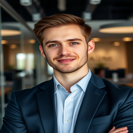 Portrait of a young professional man in a modern office setting; camera settings: ISO 100, aperture f/2.8, shutter speed 1/125s; camera view: 50mm lens at eye level; camera style: natural light with slight bokeh; camera type: DSLR.
