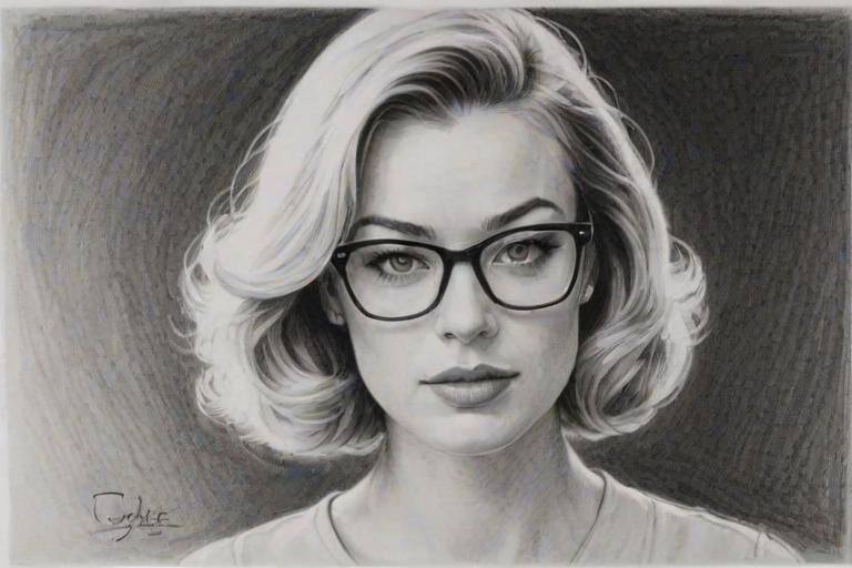 Sublime Yvonne Strahovski, pencil sketch, portrait of Pleasing woman 1961s in glasses, hair style beatnik, outline, clear lines, fine lines, 8k