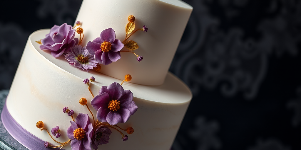 Regenerate the image of an elegant two-tier cake adorned with intricate edible floral decorations in shades of purple and gold, with soft, diffused lighting, using a macro lens at f/2.8, 1/125s, ISO 200, shot from a low angle on a dark textured background with a shallow depth of field to highlight the cake's details.