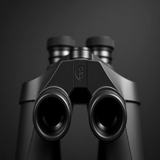 Create an image of a pair of binoculars in a minimalist black and white style, using a DSLR camera, 50mm lens, aperture f/2.8, ISO 100, 1/200s shutter speed, centered view, crisp details.