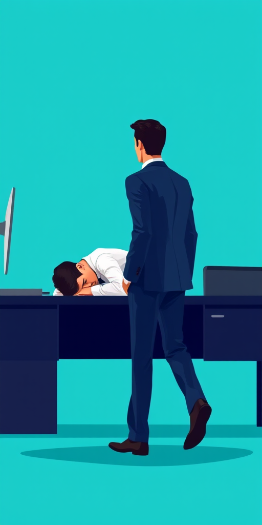 Create a vector illustration depicting a businessman in a suit walking away from a desk where another man in a white shirt is slumped over in despair, use a simple background with a vibrant turquoise color, shot with a 50mm lens at f/2.8, with a soft focus on the background, in a flat design style.