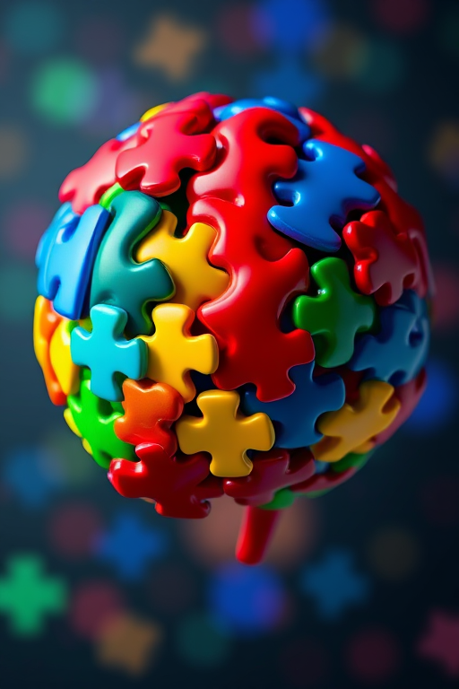 create an illustration of a colorful brain made of puzzle pieces, vibrant hues of red, blue, green, and yellow, with a glossy finish, using a 50mm lens, f/2.8 aperture, ISO 100, and a soft focus background, in high resolution digital art style