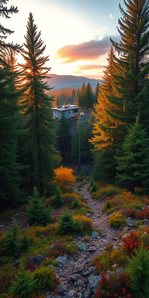 Create a high-resolution image of a serene forest landscape during sunrise with vibrant colors and soft light, using a Canon EOS R5 camera with an f/4 aperture, ISO 100, 24mm focal length, shot in a wide-angle view to capture the depth of the forest.