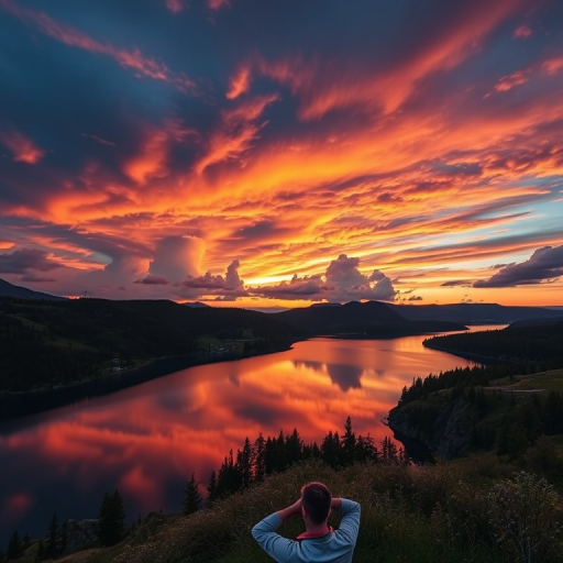 Generate a high-resolution image of a beautiful landscape at sunset, with vibrant colors and dramatic clouds, capturing a serene lake reflecting the scenery; use a DSLR camera, aperture f/8, ISO 100, focal length 24mm, and a wide-angle lens for an expansive view.
