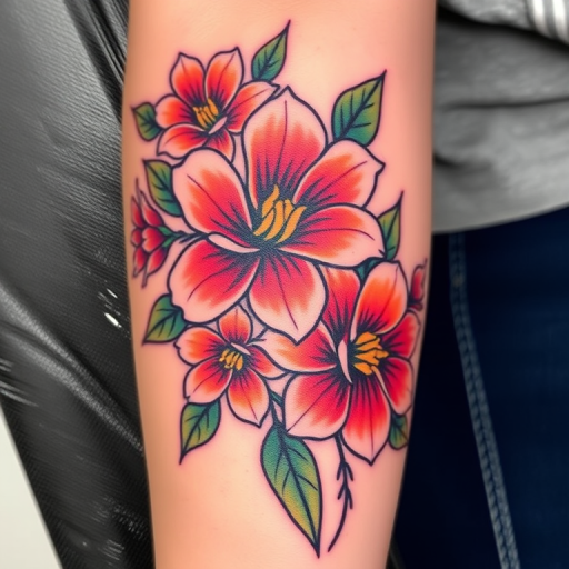 Neo-traditional tattoo style entitled "Floral Reverie" showcasing bold outlines, vibrant color gradients, and stylized flowers with a modern twist, suitable for arm or thigh placement