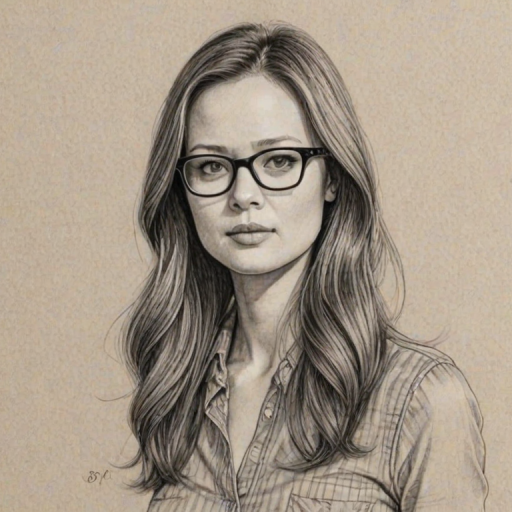Attractive Summer Glau, pencil sketch, portrait of Comely woman 1969s in glasses, hair style beatnik, outline, clear lines, fine lines, 8k