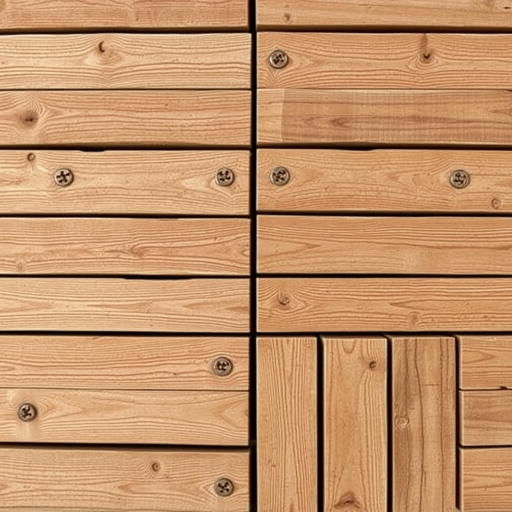 Create a high-resolution texture of wooden planks arranged in various sized rectangles with visible screws, shot with a DSLR camera at f/8 aperture, 50mm lens, ISO 100, in natural light, top-down view, with a focus on depth and detail to enhance the wood grain and texture.