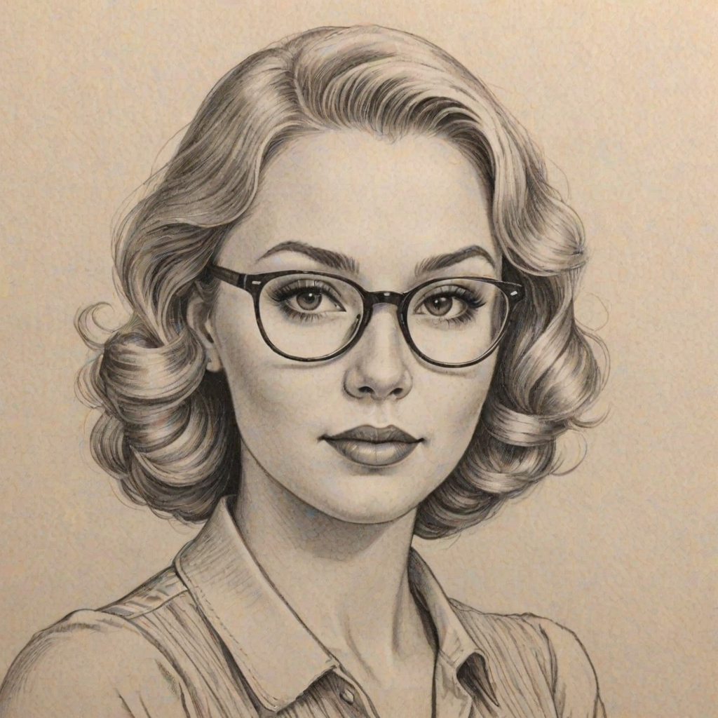 Stunning Raelynn, pencil sketch, portrait of Delightful woman 1939s in glasses, hair style beatnik, outline, clear lines, fine lines, 8k