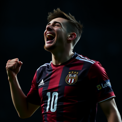 high contrast portrait of a soccer player celebrating in a dark background, focus on the jersey with the name and number visible, shallow depth of field, aperture f/2.8, ISO 200, shutter speed 1/500s, taken with a DSLR camera, 50mm lens, dramatic lighting to enhance textures and details