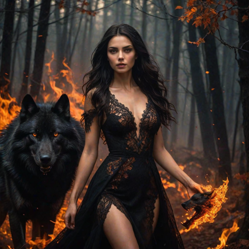 A woman with long dark hair, wearing a black lace dress that seamlessly blends into her skin with intricate floral patterns. She is in the foreground, with a black wolf beside her; its fur is midnight black, and it has glowing, intense, orange eyes that match hers. Her eyes are partially closed with burning embers above them, giving a fiery and mystical aura. The background is engulfed in tall, roaring flames, contributing to an overall dark and supernatural atmosphere. The colors are intense, predominantly black, fiery orange, and deep reds, with sharp contrast highlighting the mysterious and fierce theme. The flames are bright and dynamic, casting dramatic light and shadow, illuminating the woman and wolf while leaving parts in near darkness. The image evokes a sense of otherworldly power and connection between the woman and the wolf.
