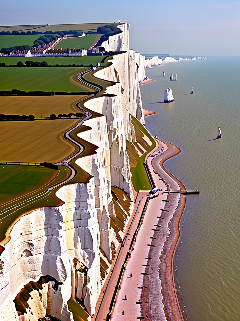 Stunning Aerial View of Dramatic White Cliffs and Serene Seaside Landscape.