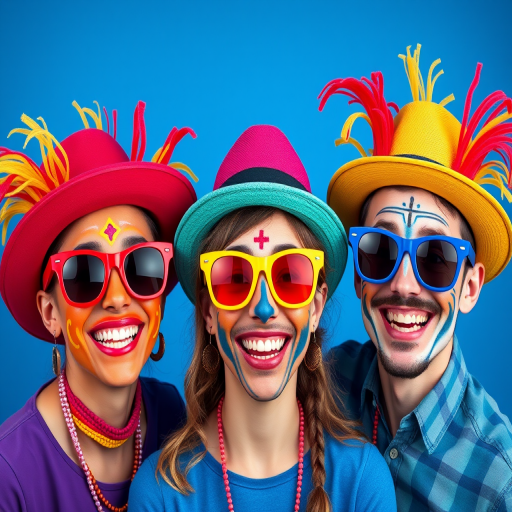 Create a vibrant portrait of three joyful performers wearing colorful hats and exaggerated sunglasses, with bright facial paint and big smiles, set against a bold blue background, captured with a DSLR camera at f/2.8 aperture, 50mm lens, in natural light for enhanced colors and contrast.