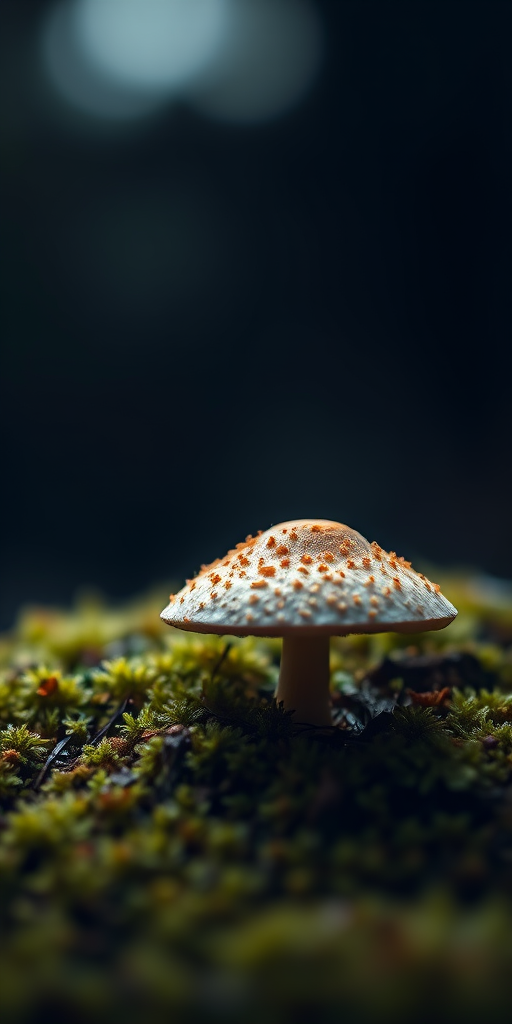 Mushroom on mossy ground with dark background, macro lens, f/2.8 aperture, 100mm focal length, ISO 200, soft natural lighting, shallow depth of field, DSLR camera.