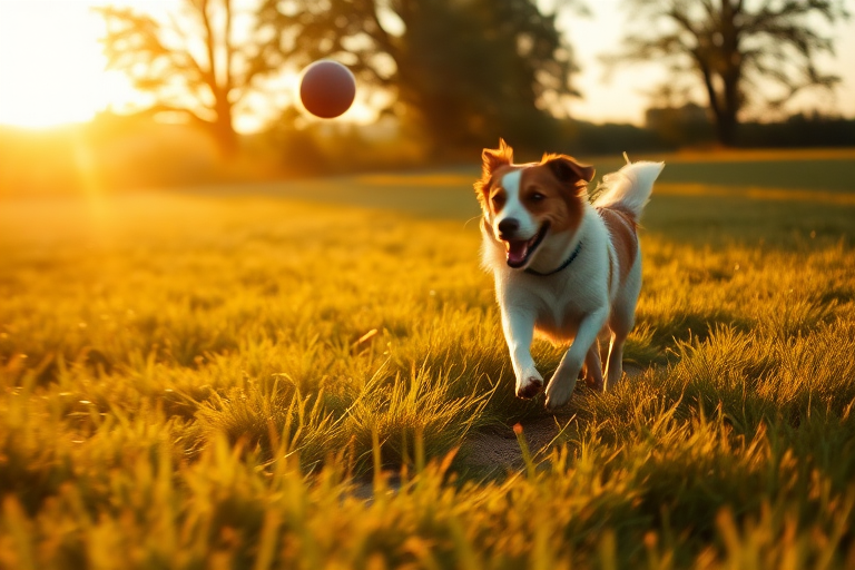 Blurry action shot of a dog running through a sunlit field at dusk, soft golden light casting long shadows on the grass, with a ball flying through the air and trees softly swaying in the background.