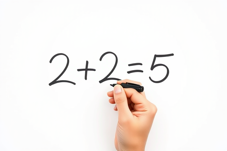 Create a high-resolution image of a hand holding a black marker writing "2+2=5" on a white background, using a Canon EOS R5 camera, f/2.8 aperture, 1/200 shutter speed, ISO 100, shot in portrait orientation with soft natural lighting.