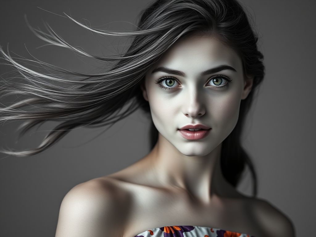 Photographic image of a beautiful young Tajik woman, green eyes, lips with white lipstick, long hair fluttering in the wind and wearing a silk strapless dress with a soft purple and orange print. monochrome image with only color highlights in the iris of the eyes, lipstick and dress. Gray background.