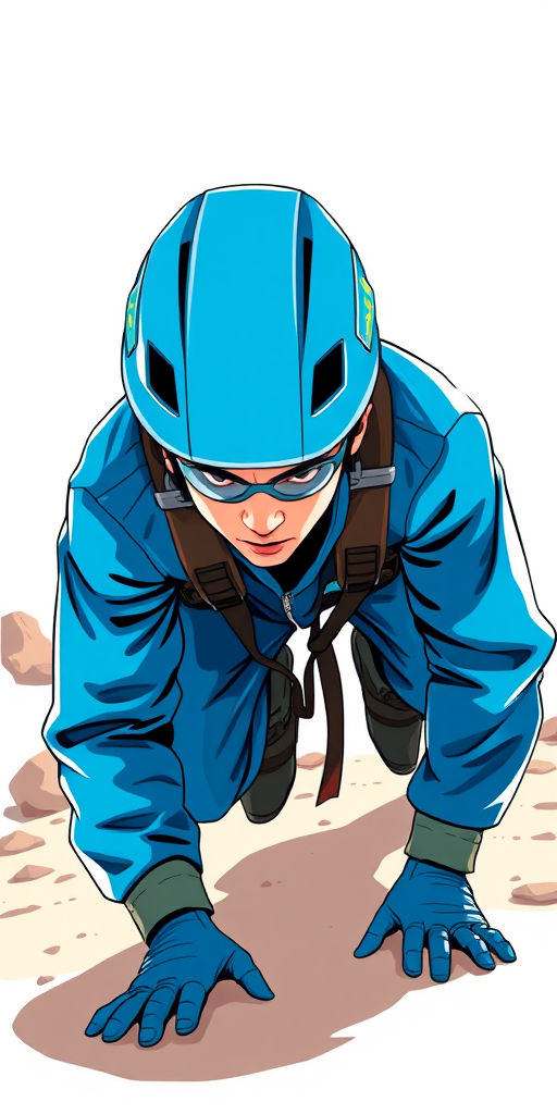 Illustration of a person in a blue climbing helmet and a blue jumpsuit, crawling forward on the ground, vector style, high-resolution, bright colors, wide-angle view, digital illustration, using soft shadows for depth, created with a Wacom tablet.