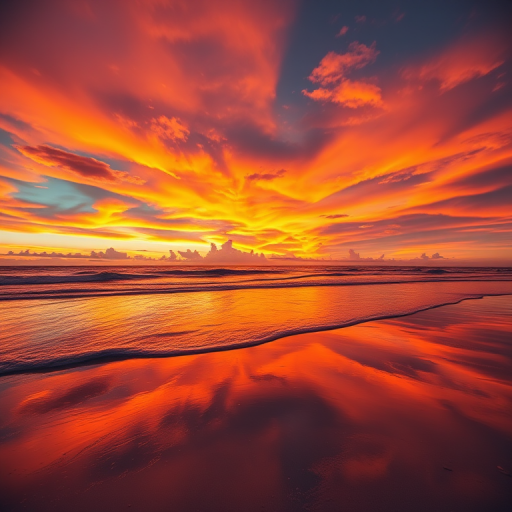 Generate an image of a vibrant sunset over a tranquil beach, capturing vivid colors in the sky and reflections on the water, shot with a Canon EOS R5, at f/11, ISO 100, 1/125 sec, wide-angle lens, landscape orientation.