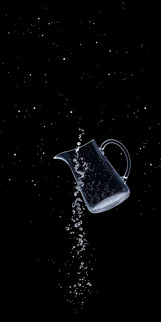 Create an image of a cosmic scene featuring a minimalist outline of a pouring pitcher against a starry black background, with a focus on the particles cascading from the pitcher resembling stars, using a DSLR camera with a 50mm lens, f/1.8 aperture, ISO 100, and a 1/200s shutter speed for high clarity and depth of field.