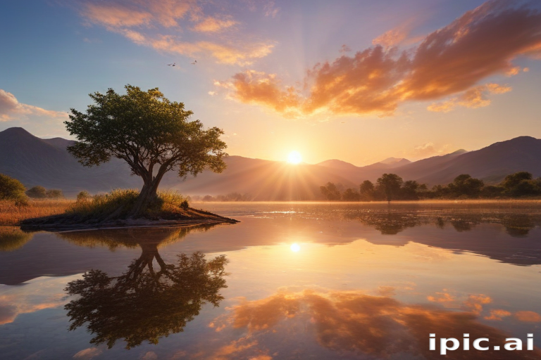 Serene Sunrise Over Tranquil Lake with Majestic Mountains and Lush Trees