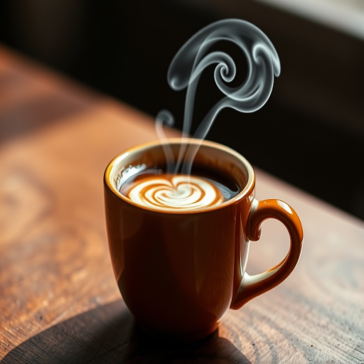 Generate a high-resolution image of a stylized coffee cup with steam rising in a swirling pattern, using a DSLR camera with a 50mm lens, aperture set to f/2.8, ISO 100, shot in macro view with natural lighting for enhanced image quality.