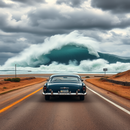 A vintage car driving on a deserted road with a massive tsunami wave approaching from the ocean under a dramatic sky, captured with a DSLR camera at f/11, ISO 100, 1/160 sec, using wide-angle lens at 24mm, in HDR style for enhanced detail and contrast.