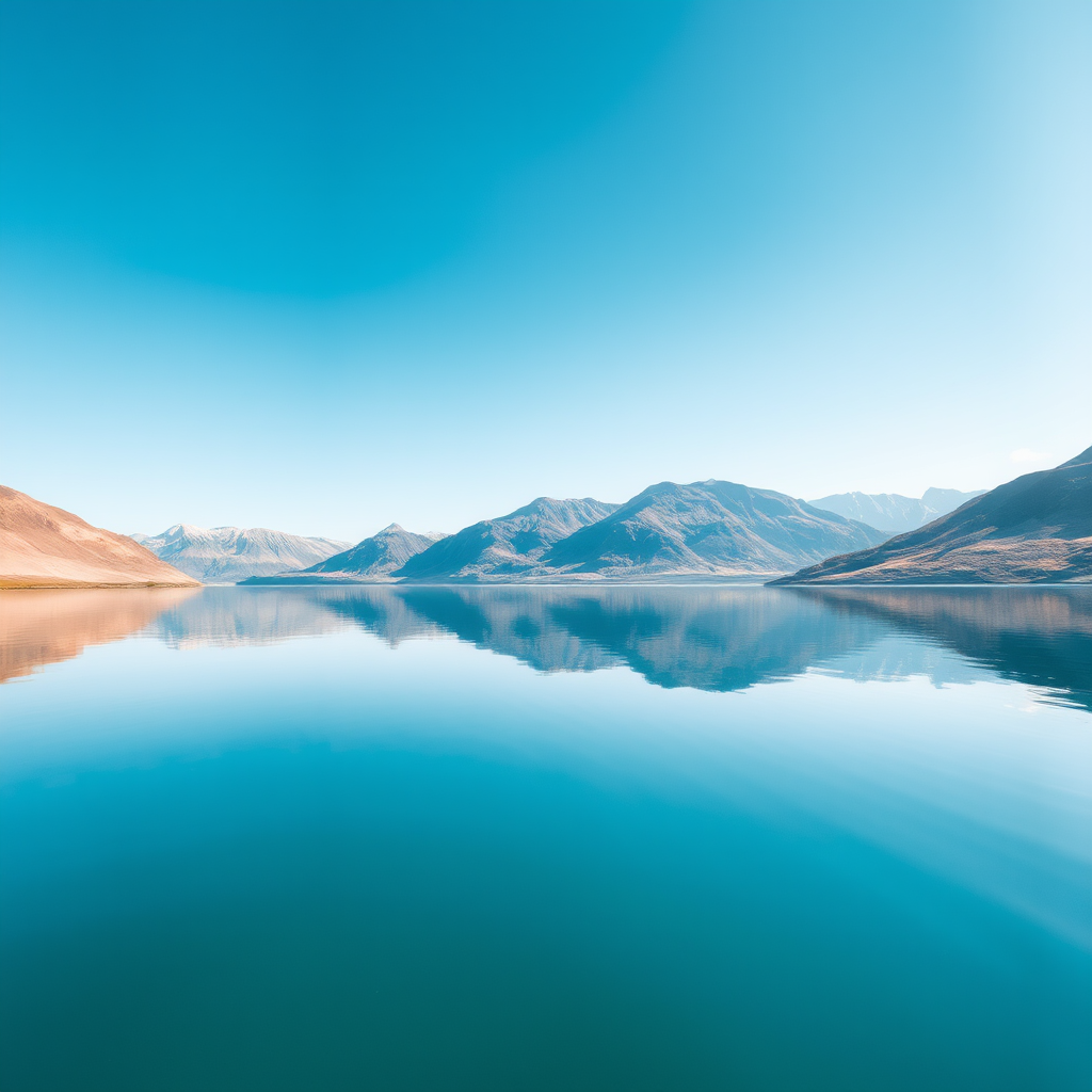 Create an image of a serene landscape featuring a calm lake reflecting mountains under a clear blue sky, shot with a DSLR camera at f/8 aperture, ISO 100, 1/200 sec shutter speed, using a wide-angle lens from a low angle perspective for an immersive view.