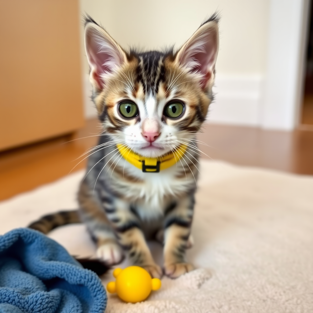 Cute cat with gray and white fur wearing a yellow collar sitting on a soft mat with a blue towel and a yellow toy nearby, looking directly at the camera with a playful expression.