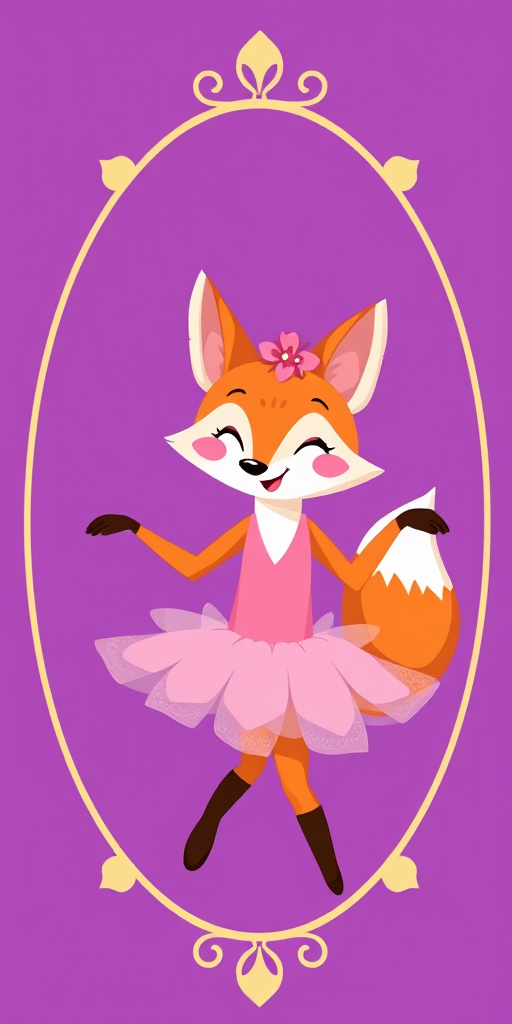 Create a whimsical illustration of a cartoon fox wearing a pink tutu, dancing happily against a vibrant purple background with a decorative oval frame, using a Canon EOS R5 with a 50mm lens, f/2.8 aperture, 1/200s shutter speed, and ISO 100 for high detail and vibrant colors.