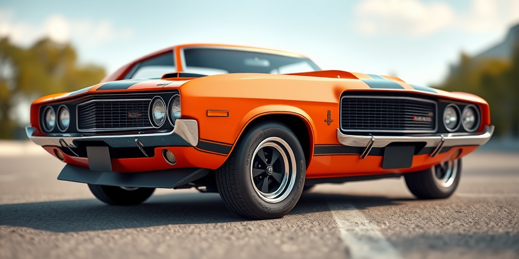 Create a 3D rendering of a classic orange muscle car with black stripes, using a Canon EOS 5D Mark IV, 50mm lens, aperture f/8, shutter speed 1/200s, ISO 100, in a slightly elevated angle view with a shallow depth of field to enhance the image quality.