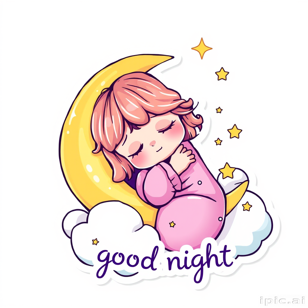sticker style with white outline, a cute little girl with pink pyjama hugging the crescent moon, sleeping soundless, a whimsical fantasy art style, with glossy toned vibrant vivid color, a stars and clouds as a blanket, cute text 'good night', white background