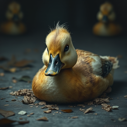 Stunning image of a cute adorable tired looking wacky duck laying flat on the ground, no emotions, moody, grainy, noisy, concept art, by Alberto Seveso, Cyril Rolando, Dan Mumford, Meaningful Visual Art, Detailed Painting, Digital Illustration,