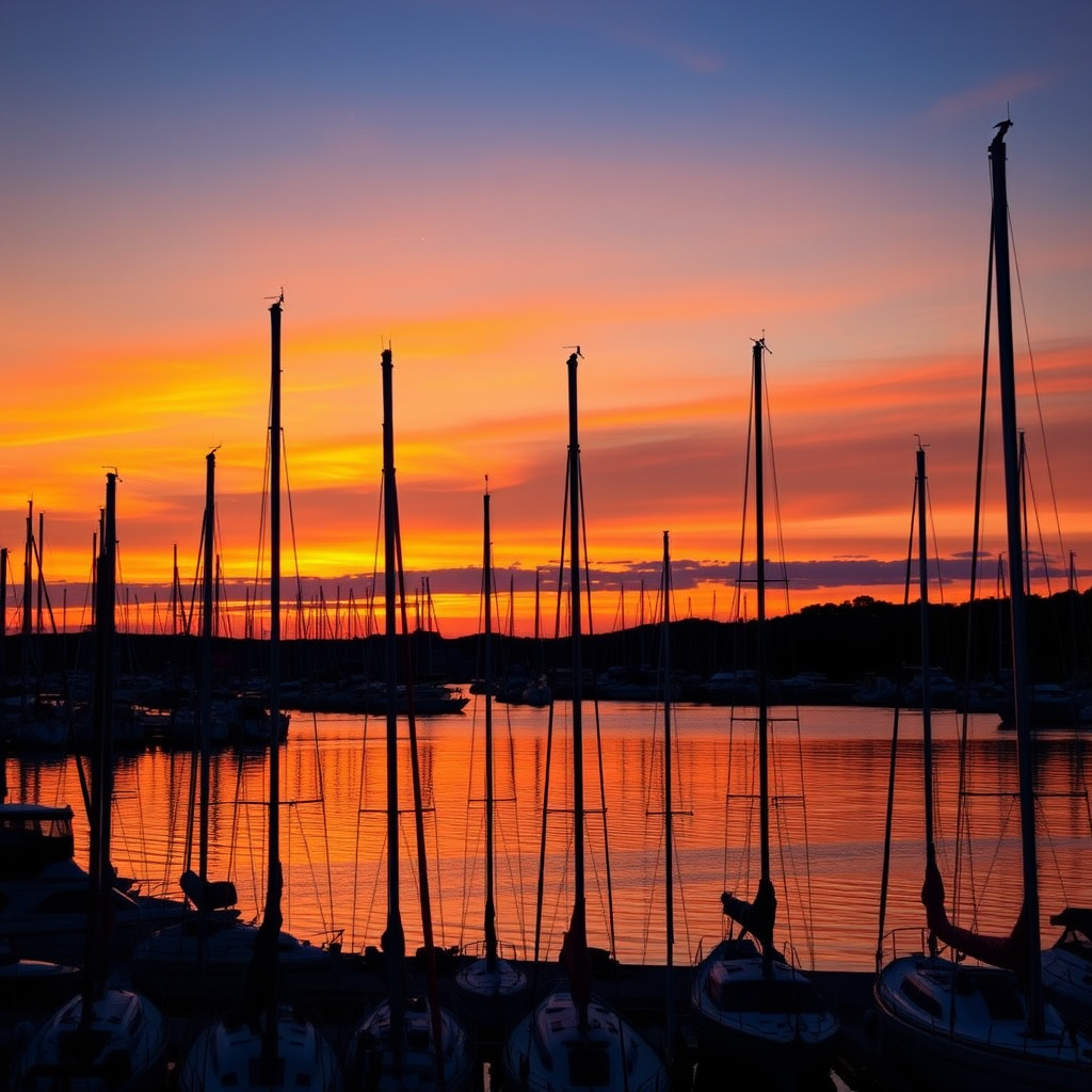 capture a tranquil sunset over a marina filled with sailboats silhouetted against a vibrant orange sky using a DSLR camera with a 50mm lens at f/8, ISO 200, 1/200s, shot from a low angle to emphasize the masts.