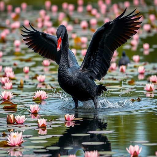 Black swan taking off from a serene pond surrounded by pink water lilies, shot with a DSLR camera set to f/2.8, ISO 100, 1/1000s, using a shallow depth of field to focus on the swan, colorful and high-contrast, low-angle view to emphasize wings and reflection.