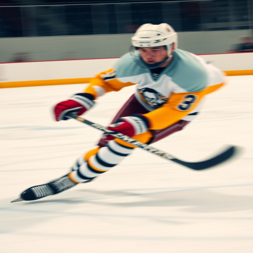 Capture a dynamic ice hockey player in action with a focus on motion blur and vibrant colors, using a DSLR camera with a 50mm lens, f/1.8 aperture, ISO 400, and a high shutter speed of 1/1000s, shot from a low angle to emphasize speed and intensity against a soft, pastel background.