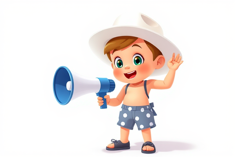 Create a cartoon character of a child wearing a white hat and polka dot shorts holding a megaphone, in a playful pose, with bright colors, high resolution, f/4 aperture, 35mm lens, shot from eye level, in a digital art style.