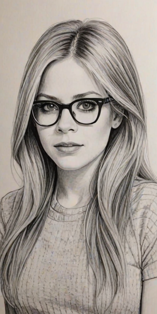 Lovely Avril Lavigne, pencil sketch, portrait of Ravishing woman 1945s in glasses, hair style beatnik, outline, clear lines, fine lines, 8k
