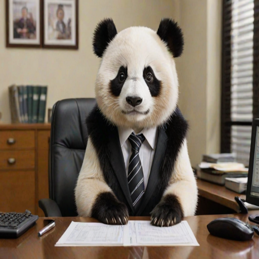 This high-resolution photograph captures a teen panda, with her distinctive black and white fur, sitting at an office desk. Huahua is dressed in a sharp, well-fitted suit, complete with a tie and neatly pressed shirt. The suit is detailed with fine stitching and a professional look, contrasting with her fluffy fur.