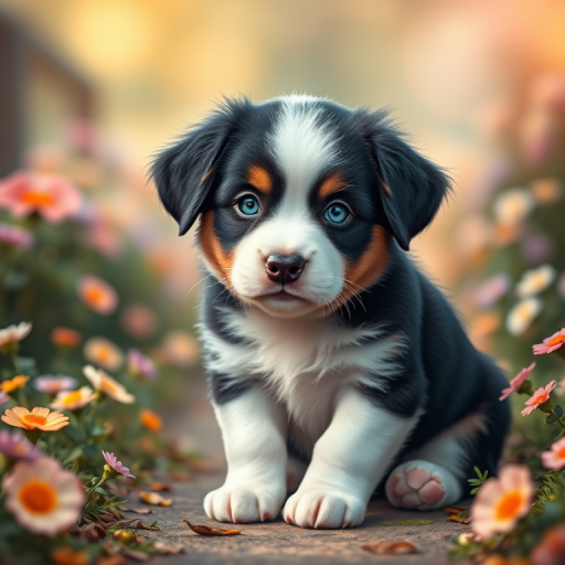 Create a highly detailed digital illustration of an adorable puppy with black and white fur and bright blue eyes, sitting on a path surrounded by colorful flowers and a soft, dreamy bokeh background, using a Canon EOS R5 with a 50mm lens, aperture f/1.8, ISO 100, and soft focus effect.