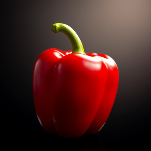 Create a high-resolution digital illustration of a vibrant red bell pepper with a smooth surface and a shiny texture, captured in a studio lighting setting, using a DSLR camera with a 50mm lens at f/1.8, ISO 100, and a shallow depth of field to emphasize the pepper against a softly blurred background.