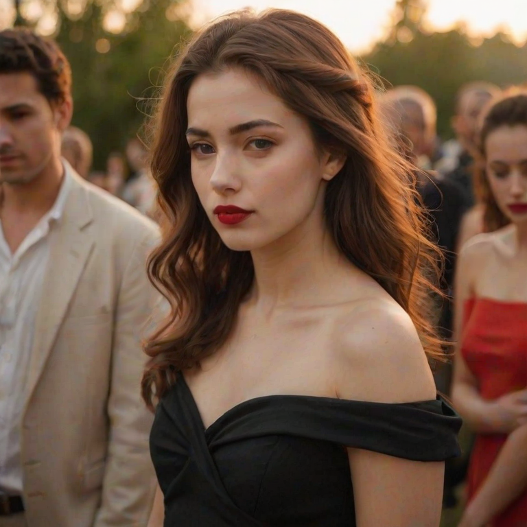 A candid shot of a young woman in the foreground, captured in a moment of contemplation. She is dressed in a simple black off-the-shoulder top, with her long brown hair cascading down her shoulders. Her makeup is subtle, with a focus on her eyes and lips, which are accentuated with a deep red lipstick. The woman's pose is relaxed, with one hand adjusting her dress and the other resting on her shoulder. In the background, a group of people, possibly at a party or gathering, is visible, with some wearing casual attire, suggesting a relaxed, social atmosphere. The lighting is soft, with warm hues, possibly from the setting or rising sun, casting a gentle glow on the scene. The overall mood of the image is one of calm and introspection.