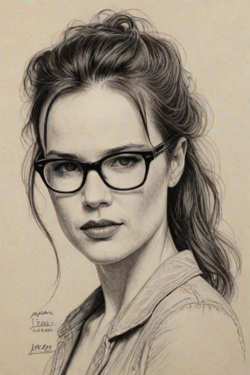 Fascinating Juliette Lewis, pencil sketch, portrait of Captivating woman 1921s in glasses, hair style beatnik, outline, clear lines, fine lines, 8k