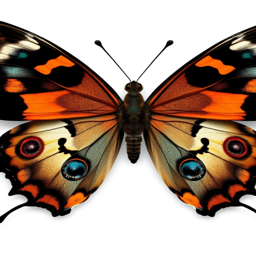 Generate an image of a butterfly with intricate patterns on its wings. The wings should feature a mix of colors including black, orange, white, and teal, with distinct eye spots and detailed textures. The background should be neutral to highlight the butterfly's vibrant colors.