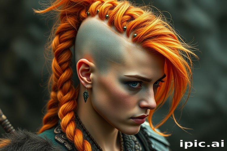 Fierce flame-haired warrior with an intricate Viking-inspired braided style, featuring shaved sides and ornate beads