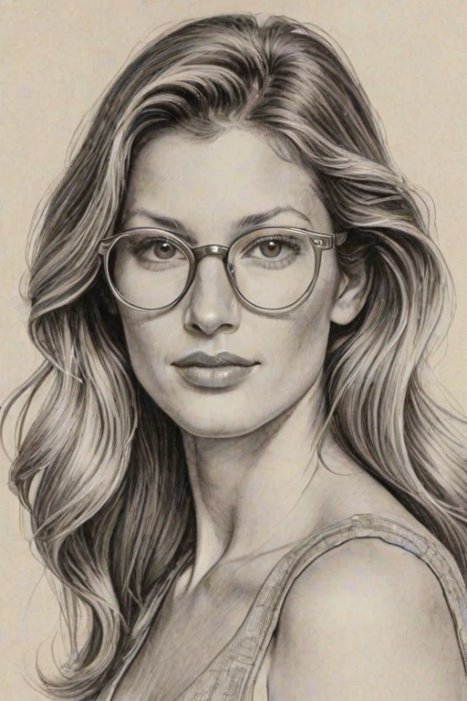 Fetching Gisele B'ndchen, pencil sketch, portrait of Charming woman 1970s in glasses, hair style beatnik, outline, clear lines, fine lines, 8k