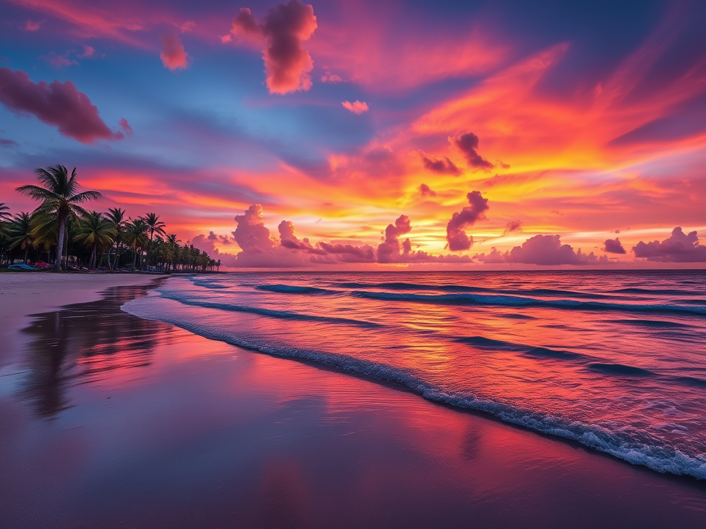 Tropical beach scene at sunset with vibrant colors reflecting in the water, palm trees lining the shoreline, clouds illuminated by the setting sun, shot with a DSLR camera, ISO 100, f/8, 1/200s, wide-angle lens, landscape orientation.