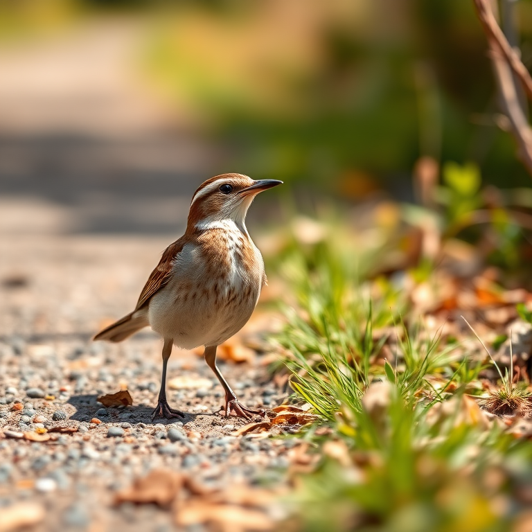 capture a detailed close-up of a spotted bird on a natural path with a blurred background using a DSLR camera, 85mm lens, aperture f/1.8, ISO 200, 1/500s, sunny lighting for vibrant colors and sharp focus