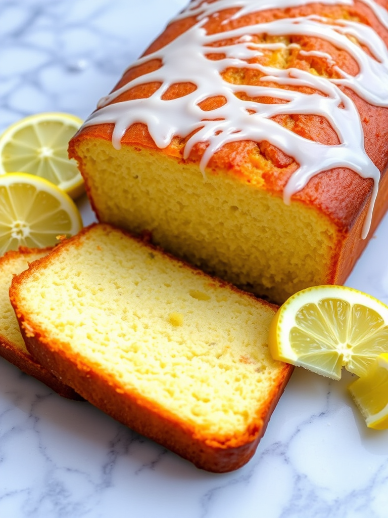A freshly baked lemon loaf cake with a glossy icing drizzle on top, sliced to show its moist texture, accompanied by fresh lemon wedges on a marble surface.